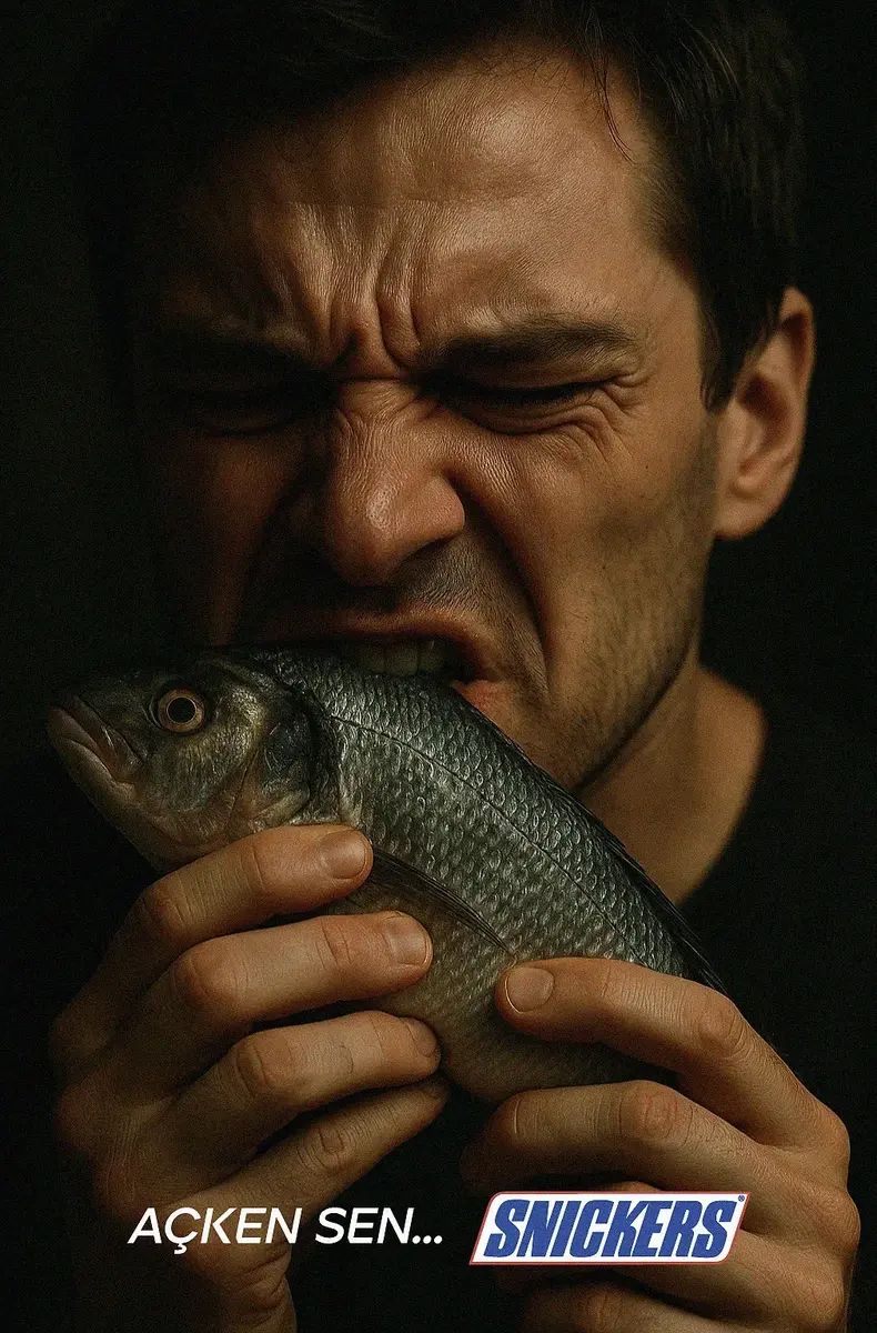 Snickers campaign portrait biting a fish