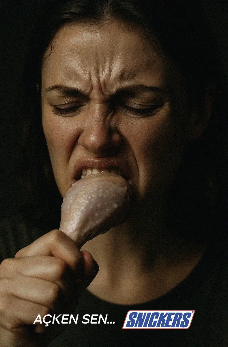 Snickers campaign portrait biting raw chicken